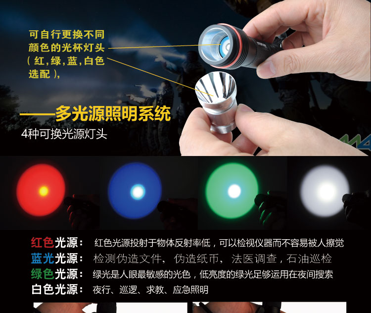 EC12夜行者Ⅱ 战术强光手电 配4种不同色光源(图3)